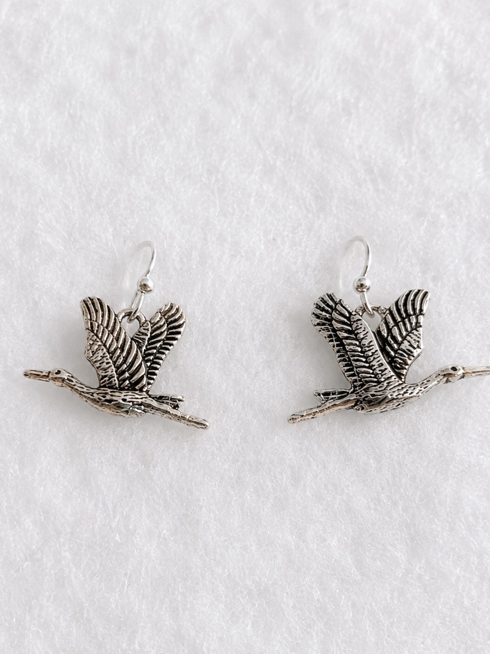 Silver Flying Crane Drop Earrings - Handmade